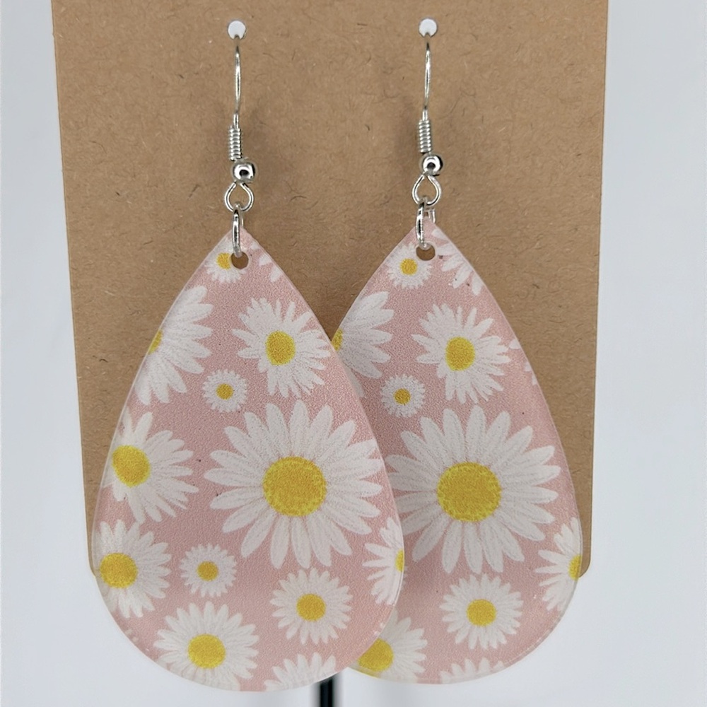 Pink Daisy Acrylic Teardrop Dangle Earrings Clear Fashion Jewelry